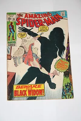 Buy Amazing Spiderman 86! 1970! 1st New Black Widow Costume! Cover Cut Out! • 15.52£