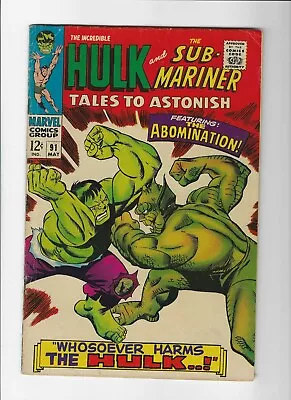 Buy Tales To Astonish #91 1st Cover & 2nd App Of Abomination 1959 Series Marvel • 98.79£