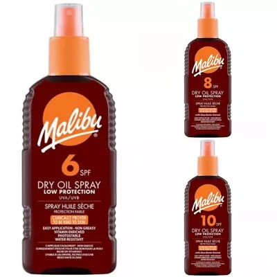 Buy 3 Lots Of Malibu Dry Oil Sun Tan Screen Sprays SPF6 SPF8 SPF10 - 200ml Bottles • 16.90£