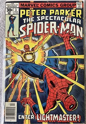 Buy SPECTACULAR SPIDER-MAN #3 MARVEL 1977 US CENTS ISSUE  NEWSTAND 1st LIGHTMASTER • 19.95£