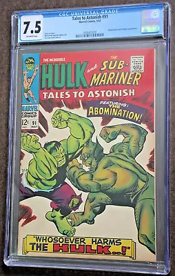 Buy TALES TO ASTONISH 1967 #91 CGC 7.5 OW Pages 1st Abomination Cover Appearance 🔑 • 171.15£