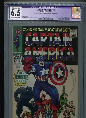 Buy Captain America #100 (1968) CGC 6.5 [OW/W] [C-2] Restored: Colour Touch On Cover • 232.98£