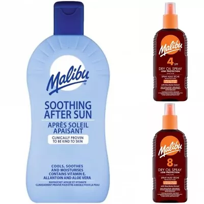 Buy MALIBU 3 Mixed Pack Of 400ML After Sun Plus SPF 4 & SPF 8 Dry Oil 200ML Bottles • 16.90£