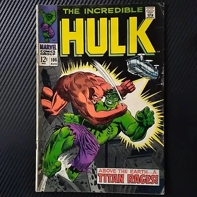 Buy 1968 The Incredible Hulk Marvel Comic Book #106  A Titan Rages!  • 32.04£