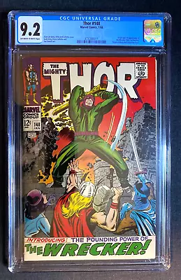 Buy Thor #148 CGC 9.2 OW-W Origin + 1st App The Wrecker! Stan Lee + Jack Kirby 1968 • 349.47£