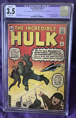Buy 1962 Incredible Hulk #3 CGC 3.5 VG- RESTORED KEY 1st Ringmaster STAN LEE Marvel • 481.50£