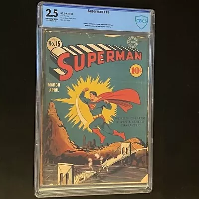 Buy Superman #15 (1942) ⭐ CBCS 2.5 ⭐ Rare! Golden Age Jerry Siegel DC Comic • 990.18£
