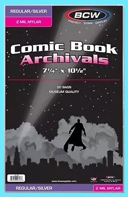 Buy 50 BCW SILVER / REGULAR MYLAR 2 MIL COMIC BOOK BAGS Archival Safe Storage Clear • 27.95£