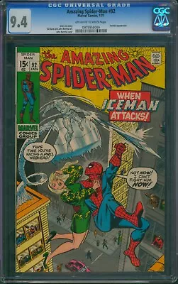 Buy Amazing Spider-Man #92 🌟 CGC 9.4 🌟 Iceman Appearance! Romita Marvel Comic 1971 • 384.42£