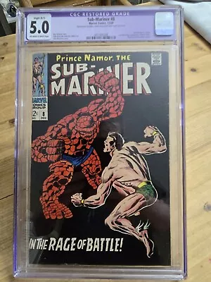 Buy Sub-Mariner #8 (1968) CGC 5.0 Namor Vs Thing Purple Tag Slight Touch Up • 62.13£