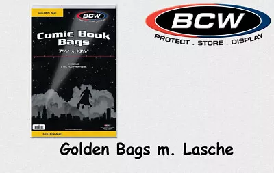 Buy BCW - 100 Comic Book Bags - Cases - Gold - With Tab - Relockable • 5.96£