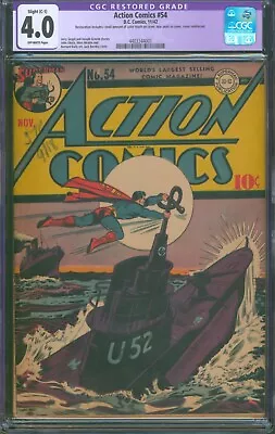 Buy Action Comics #54 ⭐ CGC 4.0 Restored (Slight) ⭐ Superman Nazi U-Boat WW2 DC 1942 • 1,225.35£