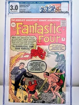 Buy Fantastic Four # 6  Cgc 3.0  Key 1st Doctor Doom Sub-mariner Team-up  Pence 1962 • 889.95£